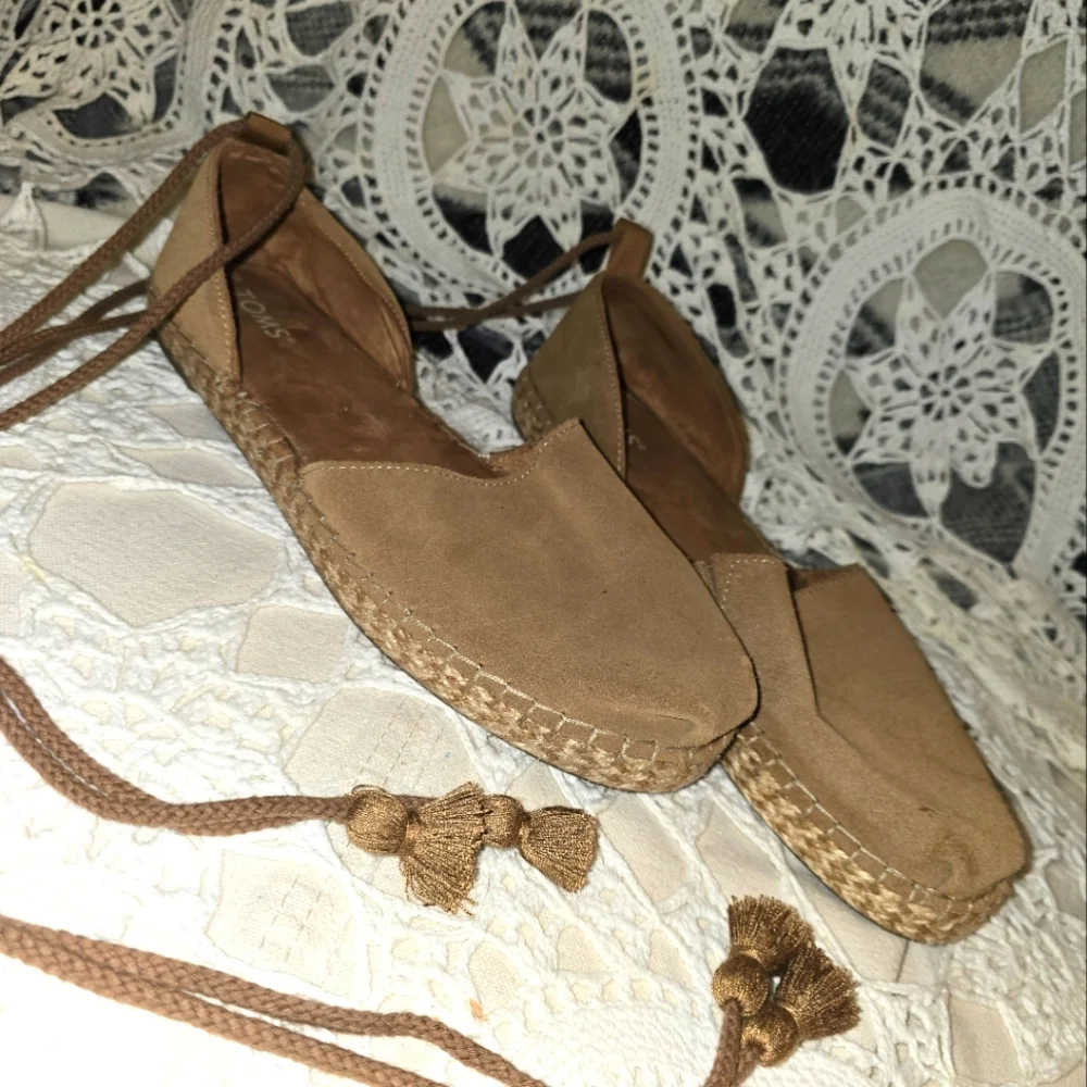 Toms, Katalina Toffee Suede Wrap Ankle Espadrilles, Womens Boho Shoes W 10